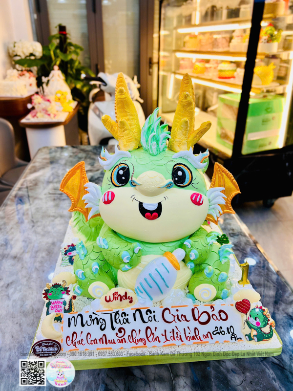 bánh kem con rồng 2 tầng 5d siêu to khổng lồ thôi nôi gia bảo banh-rong-gia-bao-xanh-la-9
