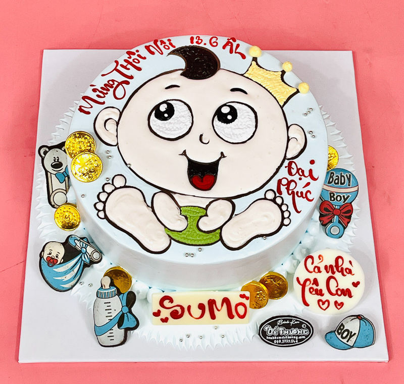 Bánh kem đầy tháng màu xanh hình em bé và những quả bóng cùng ngôi sao lấp  lánh - Bánh Thiên Thần : Chuyên nhận đặt bánh sinh nhật theo mẫu